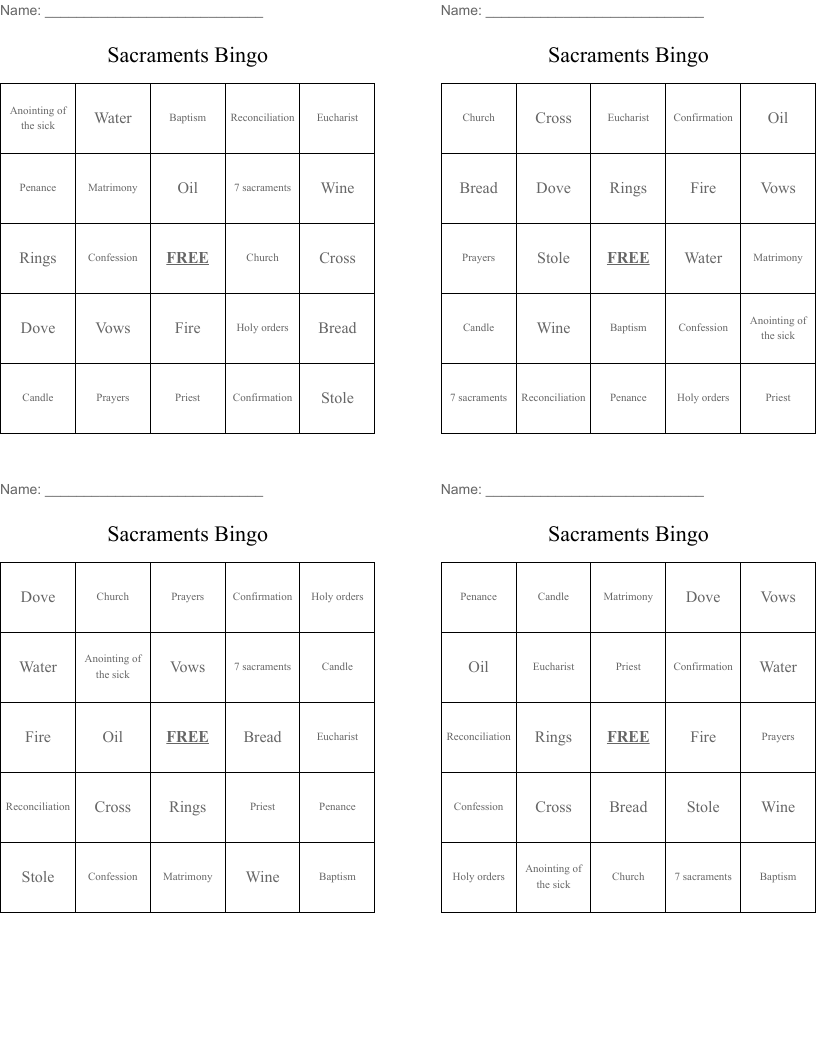 Sacraments Bingo 