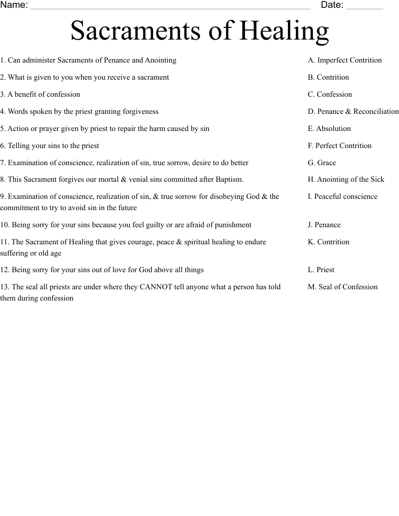 Sacraments of Healing Worksheet
