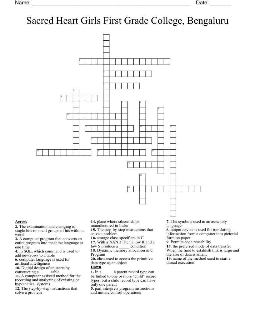 Sacred Heart Girls First Grade College, Bengaluru Crossword