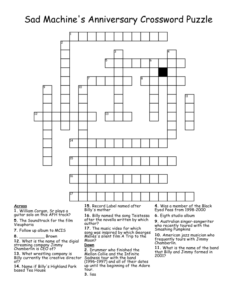 Sad Machine's Anniversary Crossword Puzzle