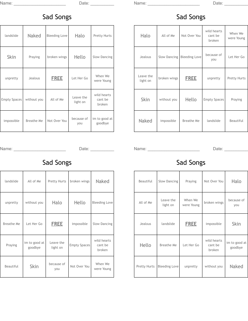 Sad Songs Bingo Cards