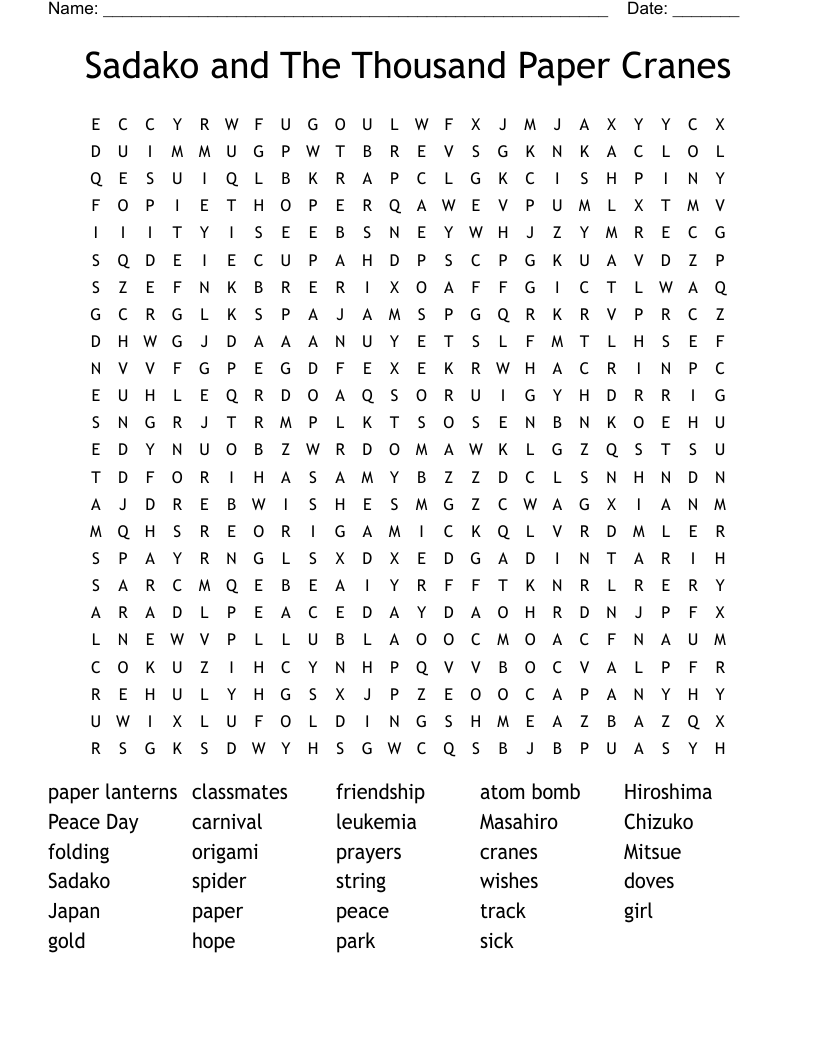 Sadako and The Thousand Paper Cranes Word Search
