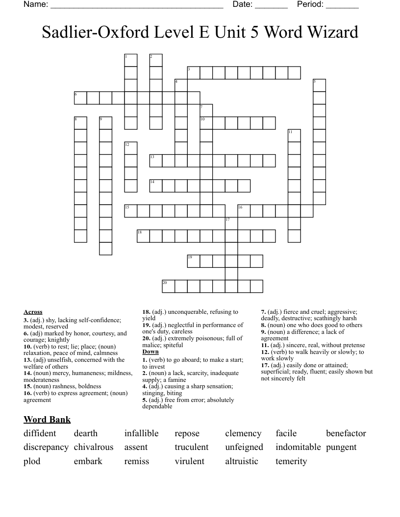 Sadlier-Oxford Level E Unit 5 Word Wizard Crossword
