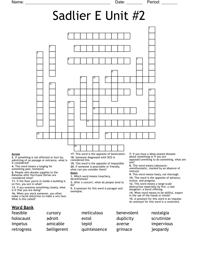 Sadlier E Unit #2  Crossword
