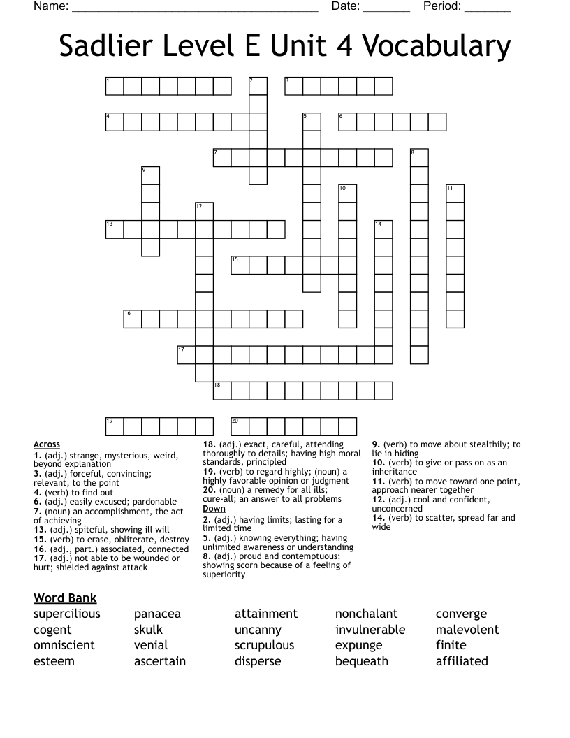 Sadlier Level E Unit 4 Vocabulary Crossword