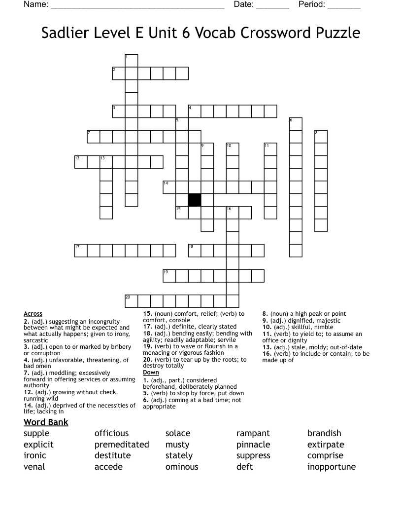 Sadlier Level E Unit 6 Vocab Crossword Puzzle