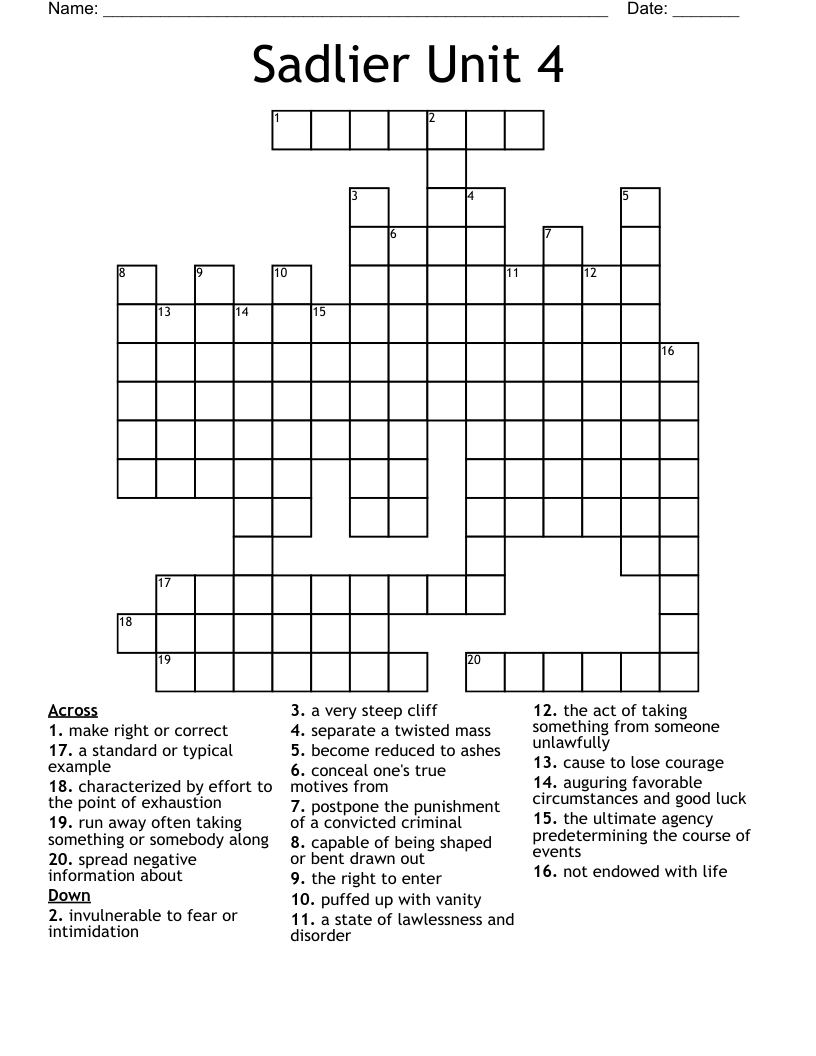 Sadlier Unit 4 Crossword