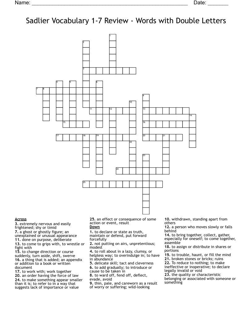 Sadlier Vocabulary 1-7 Review - Words with Double Letters Crossword