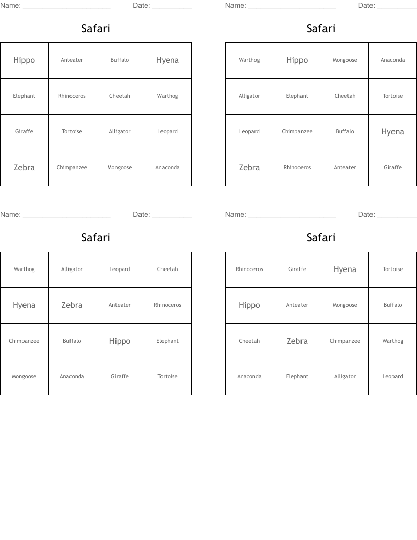 Safari Bingo Cards