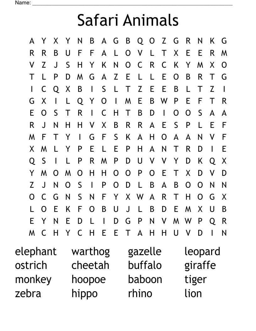 Safari Animals Word Search