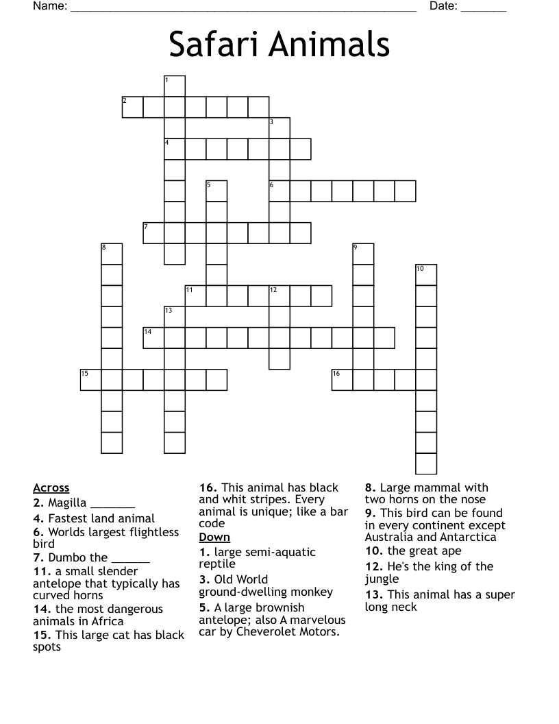 Safari Animals Crossword