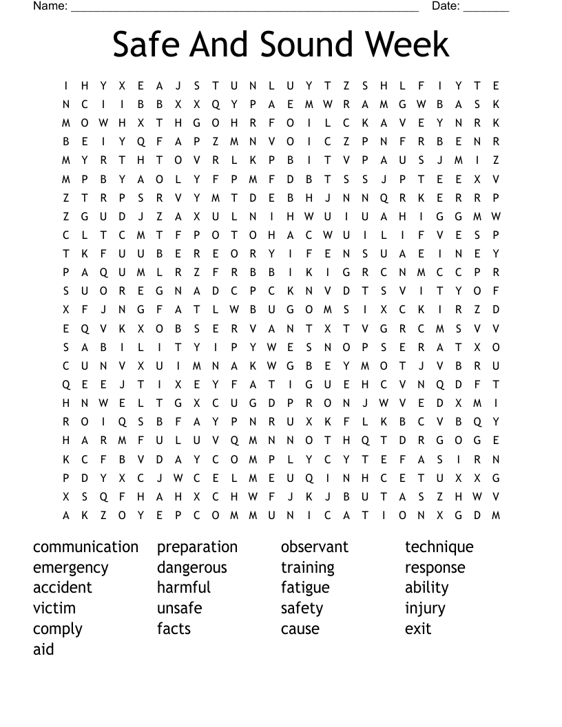 Safe And Sound Week Word Search