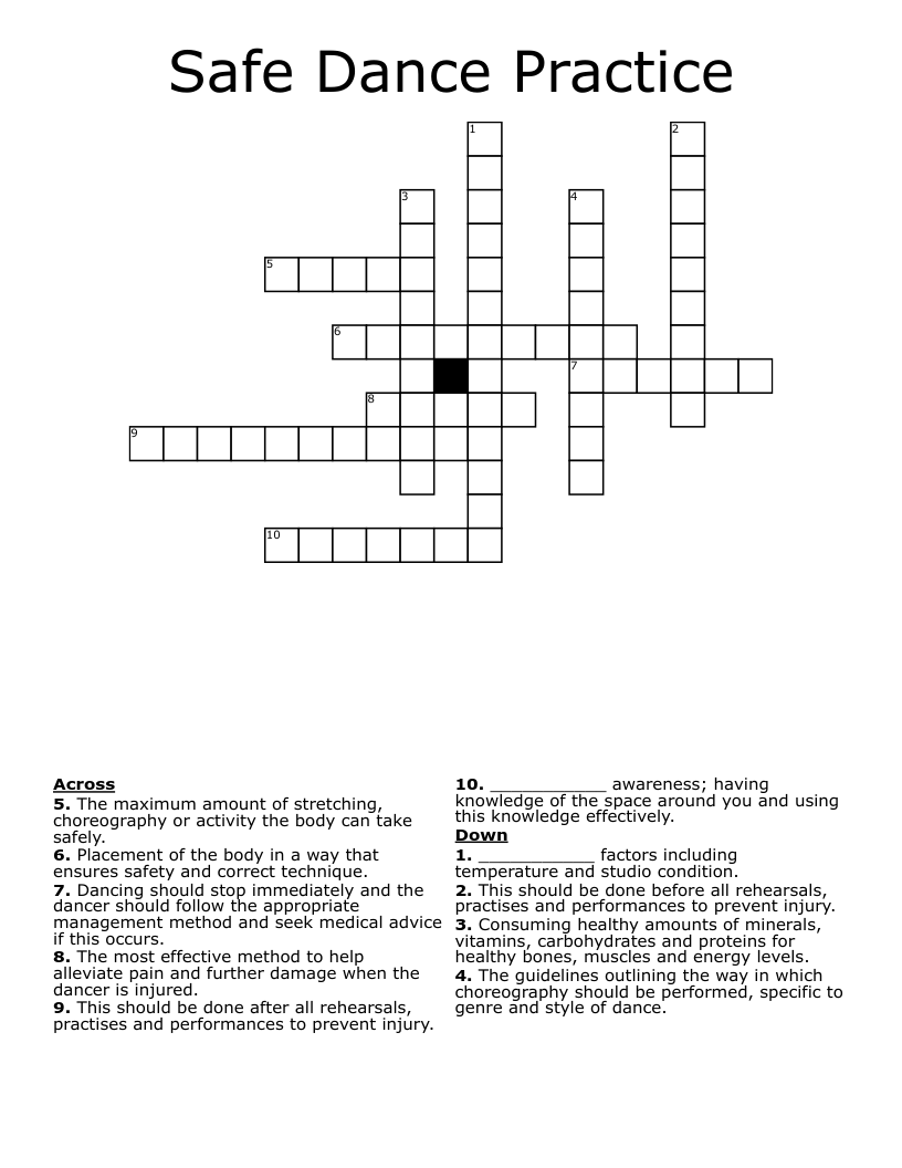 Safe Dance Practice Crossword