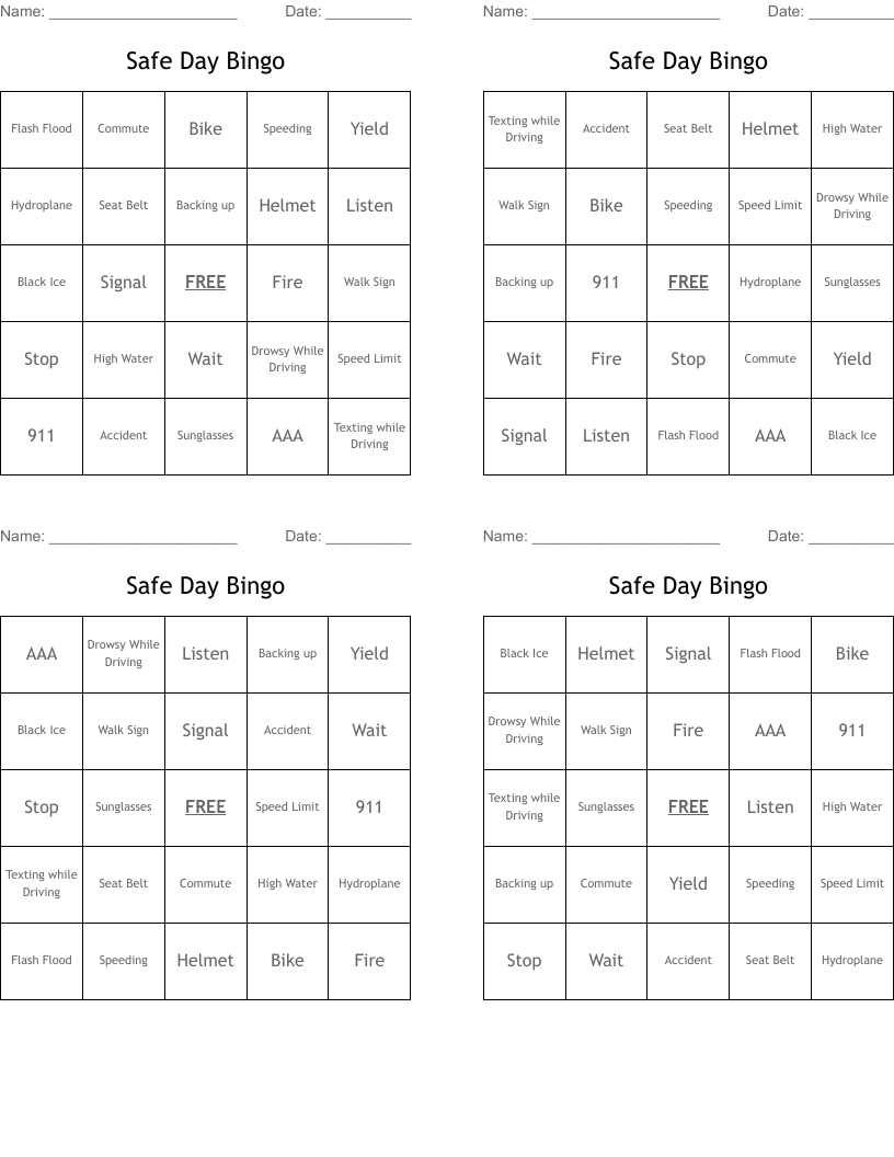 Safe Day Bingo