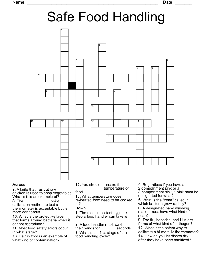 Safe Food Handling Crossword