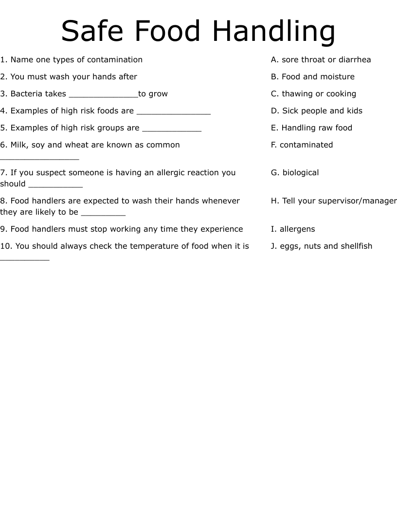 Safe Food Handling Worksheet
