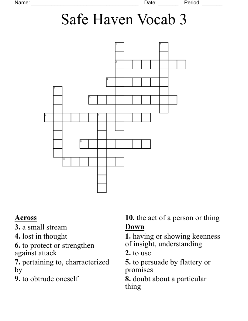 Safe Haven Vocab 3 Crossword