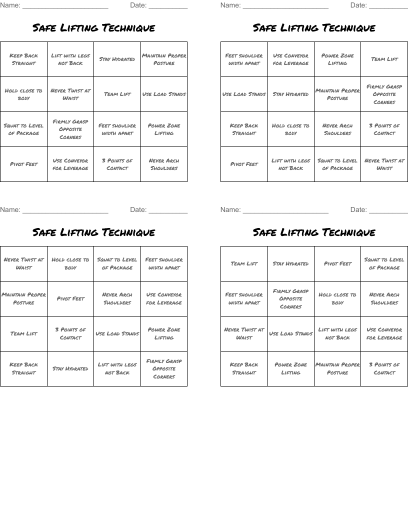 Safe Lifting Technique Bingo Cards