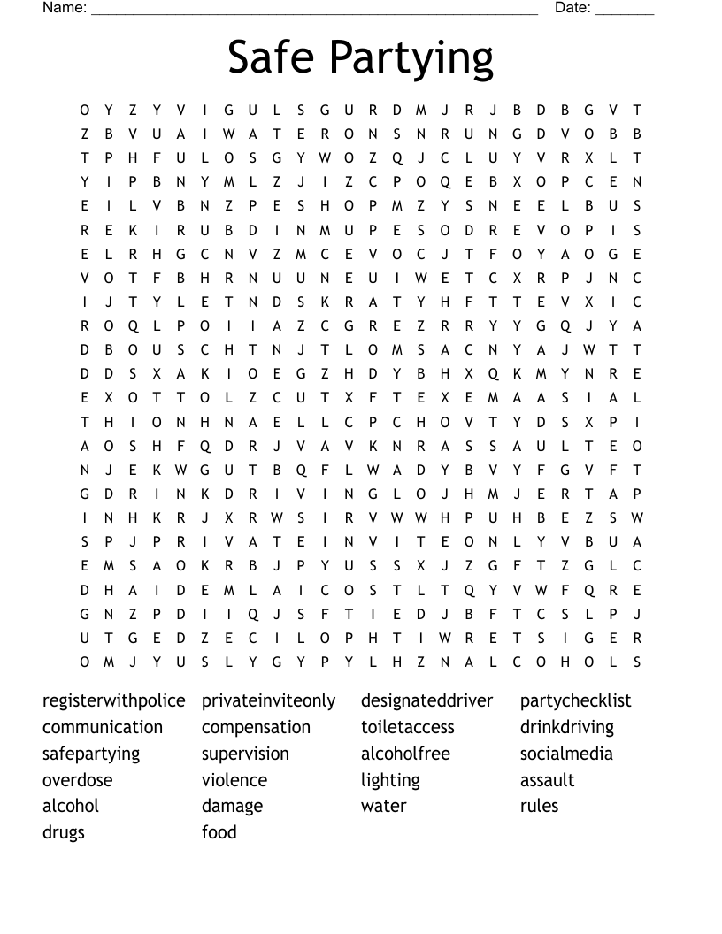 Safe Partying Word Search