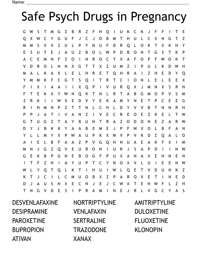 Safe Psych Drugs in Pregnancy Word Search