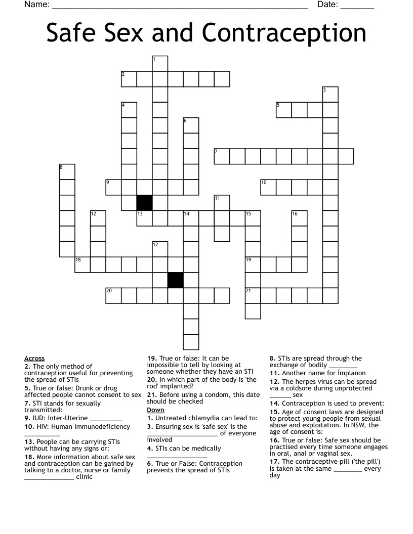 Safe Sex and Contraception Crossword