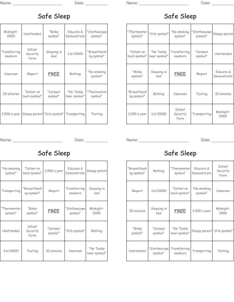 Safe Sleep Bingo Cards