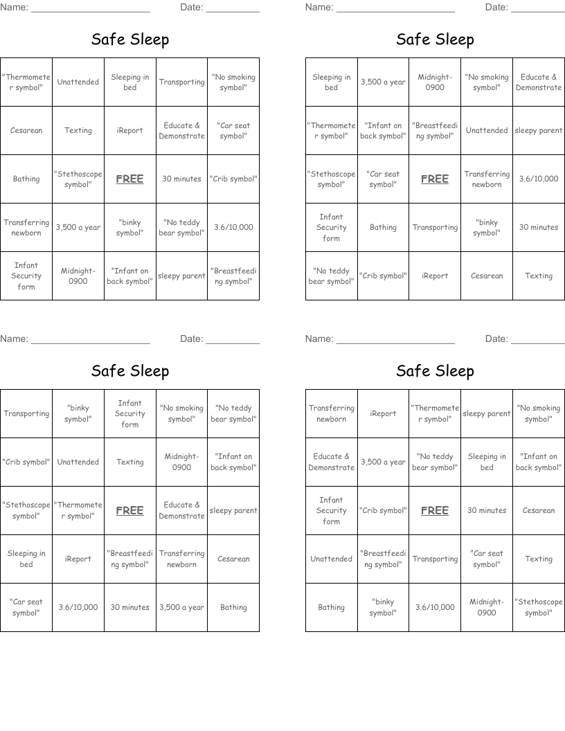 Safe Sleep Bingo Cards