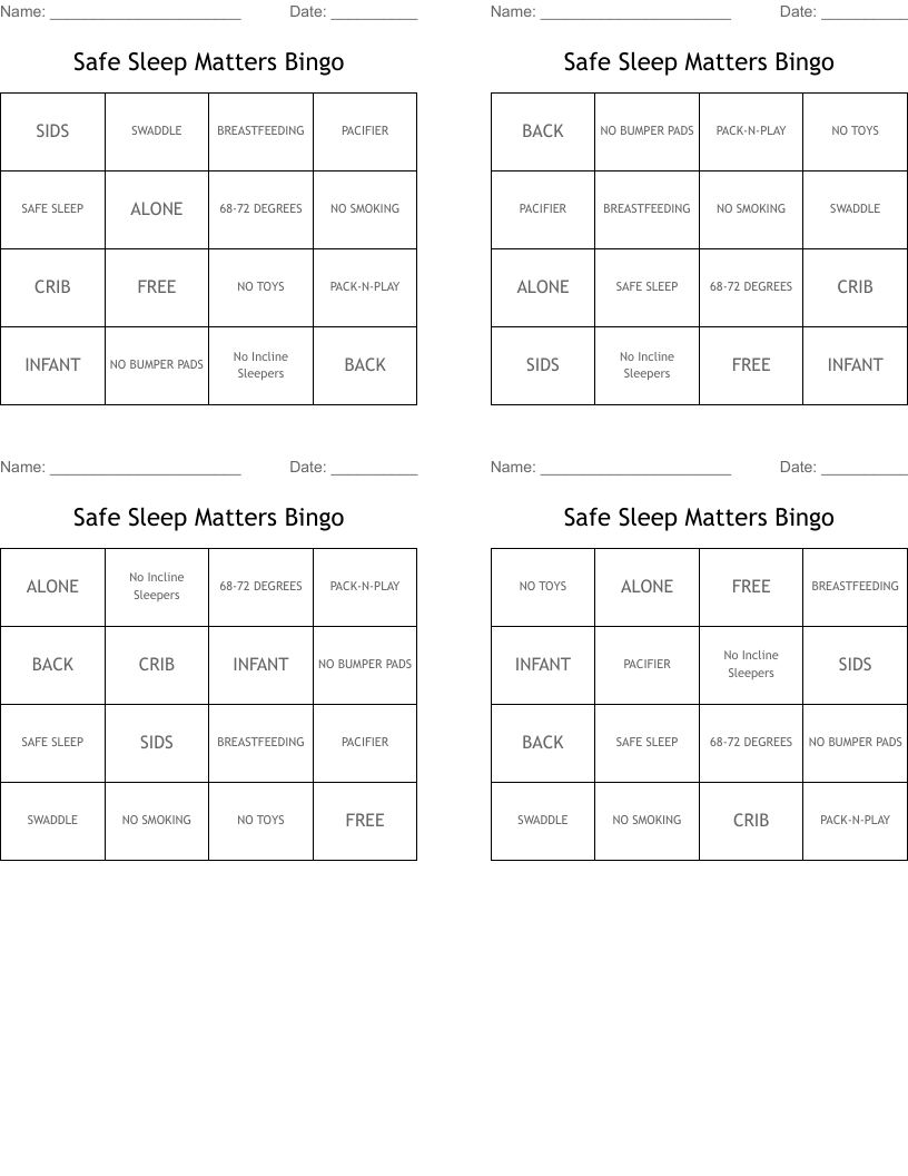 Safe Sleep Matters Bingo