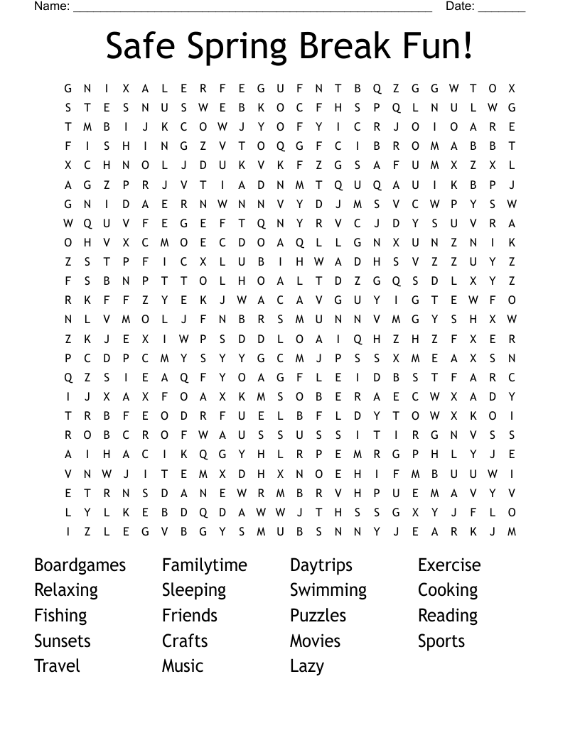 Safe Spring Break Fun! Word Search
