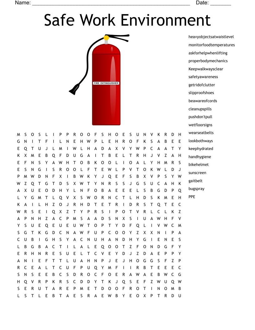 Safe Work Environment Word Search