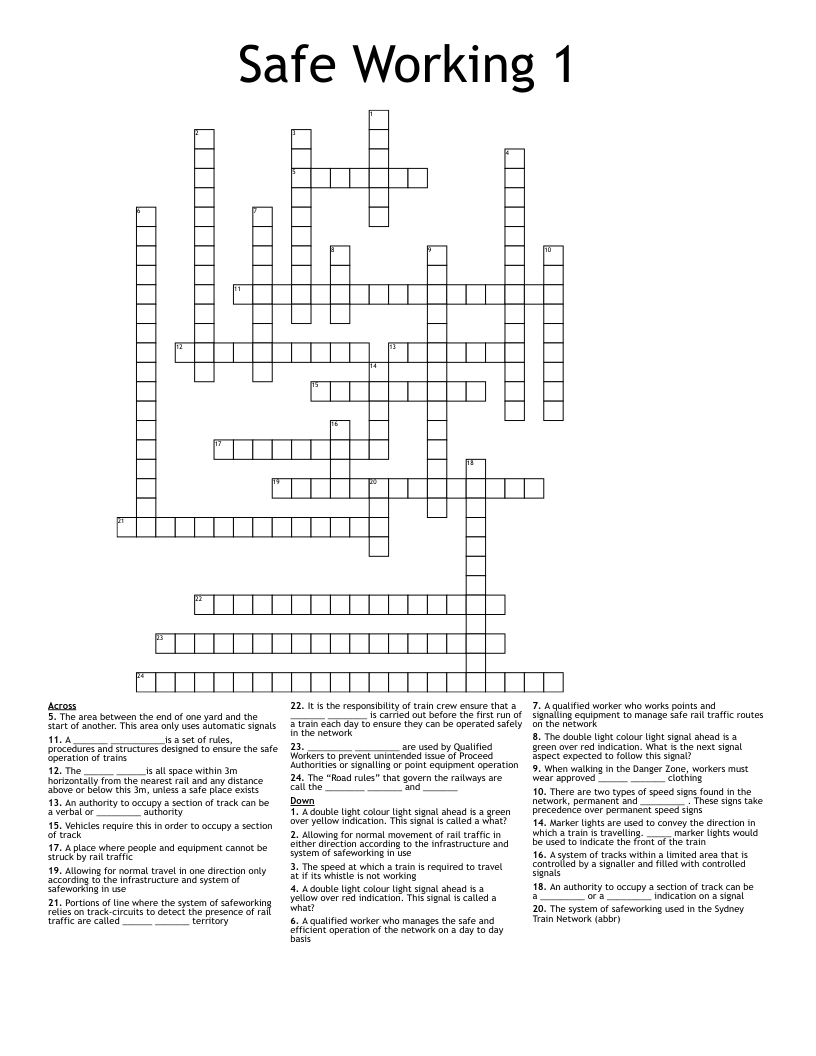 Safe Working 1 Crossword