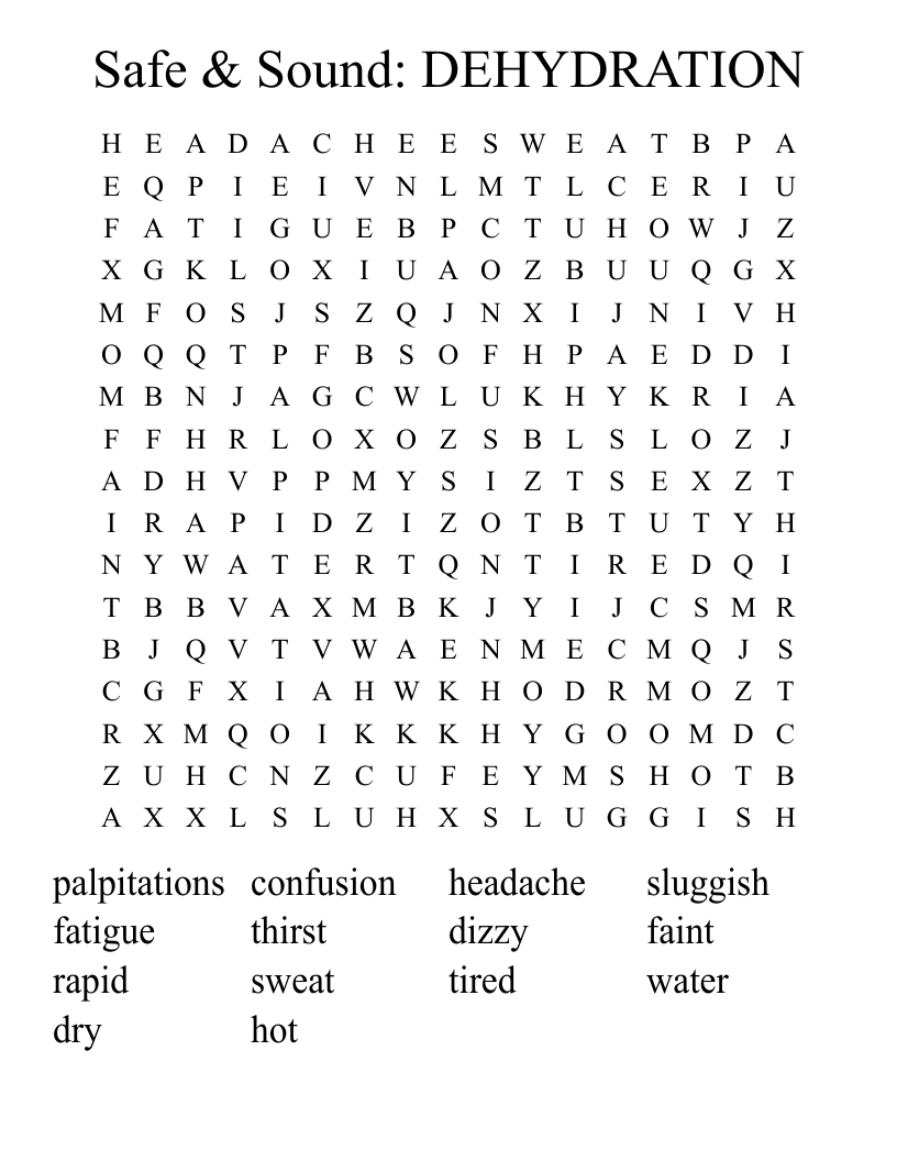 Safe & Sound: DEHYDRATION Word Search