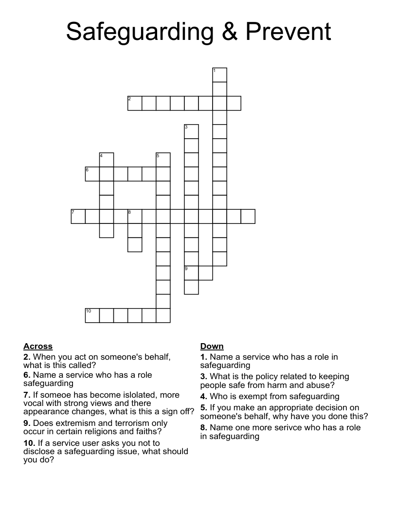 Safeguarding & Prevent Crossword