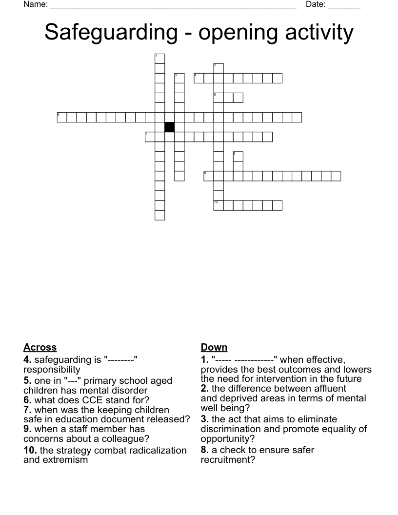Safeguarding - opening activity  Crossword