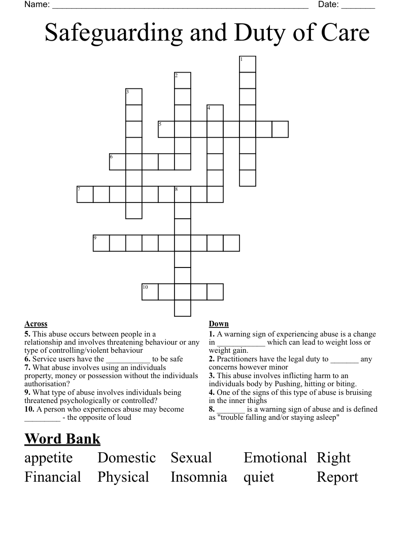 Safeguarding and Duty of Care Crossword