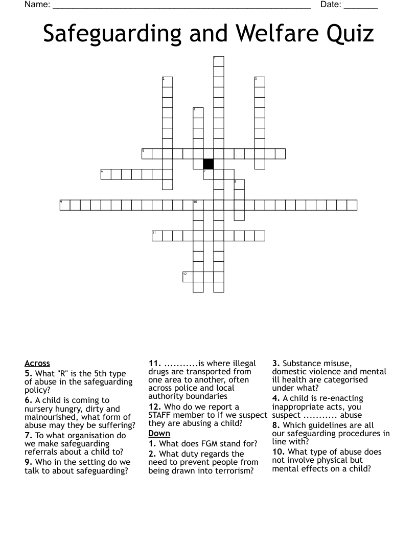 Safeguarding and Welfare Quiz Crossword