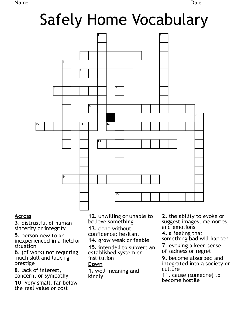 Safely Home Vocabulary Crossword