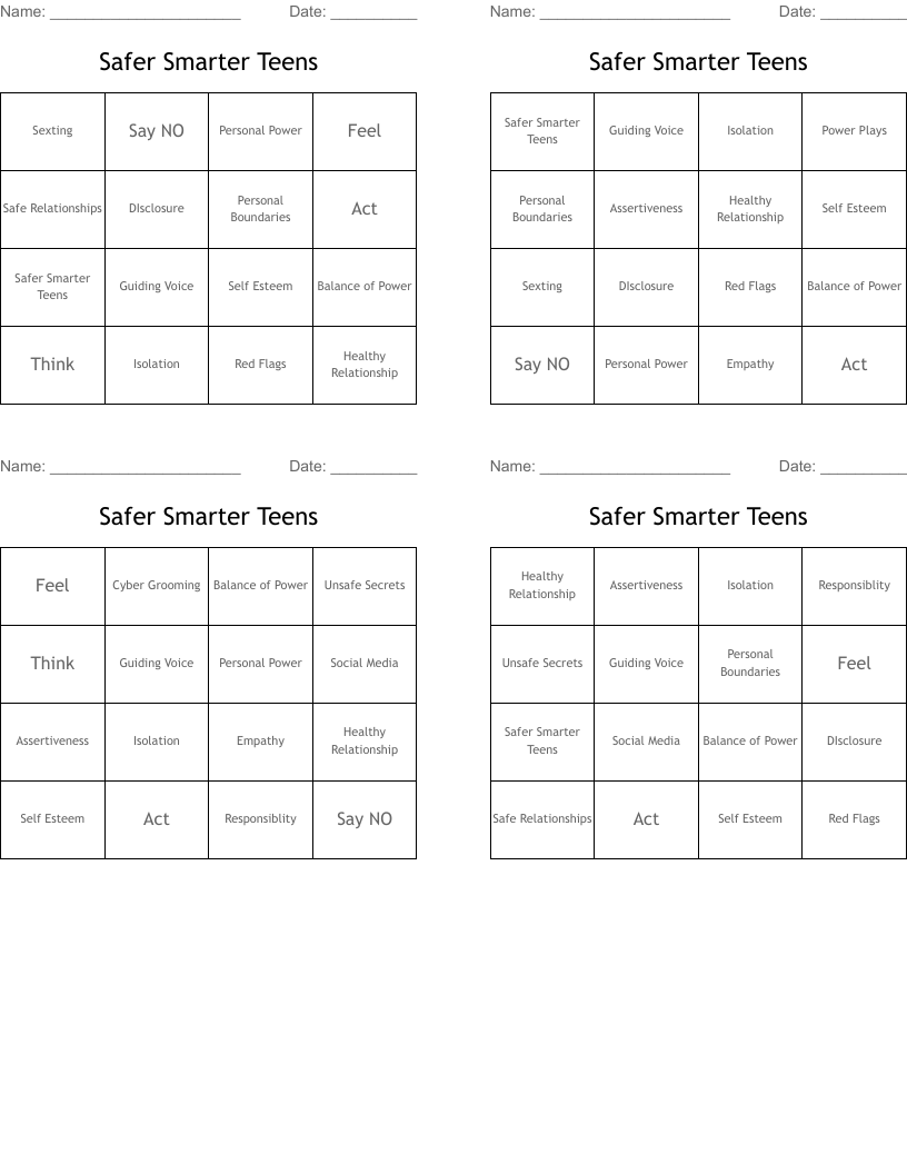 Safer Smarter Teens Bingo Cards