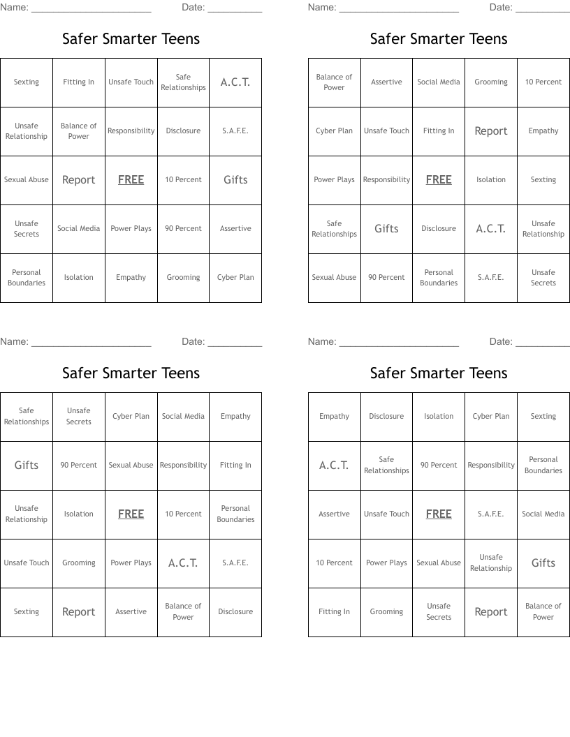 Safer Smarter Teens Bingo Cards