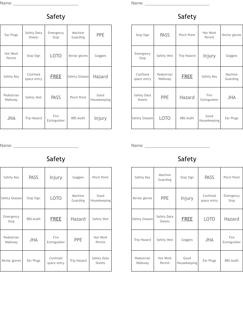 Safety Bingo Cards