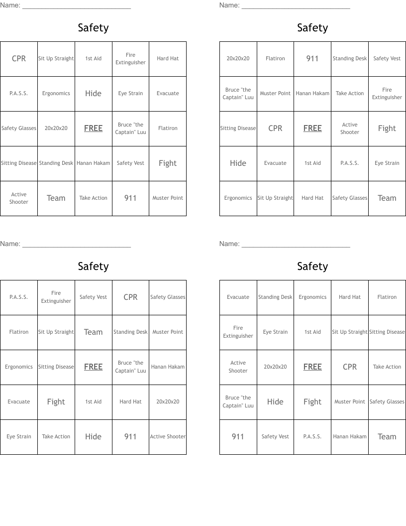 Safety Bingo Cards