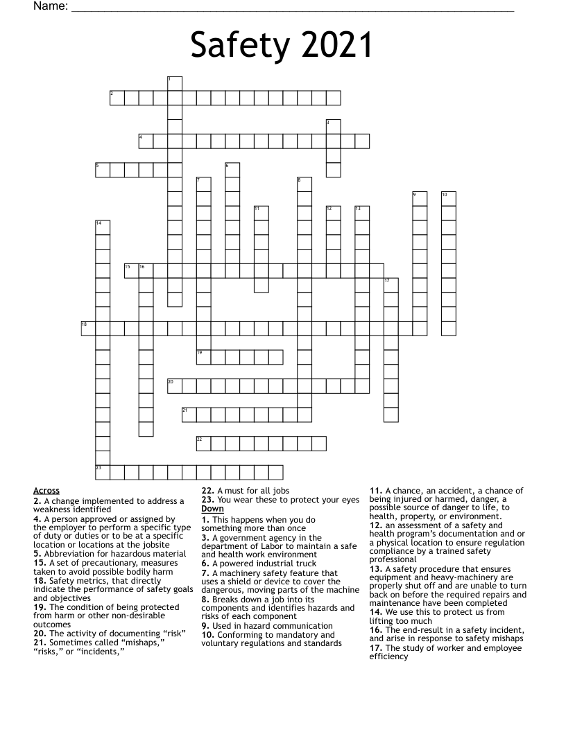 Safety 2021 Crossword