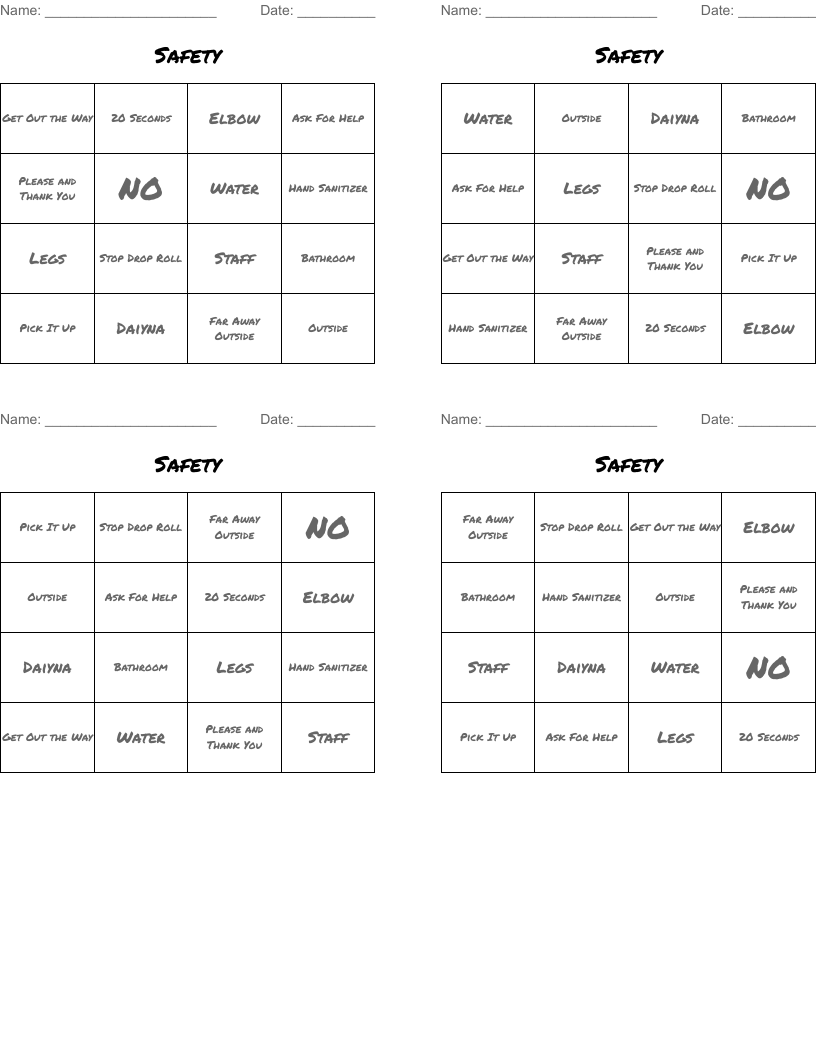Safety Bingo Cards