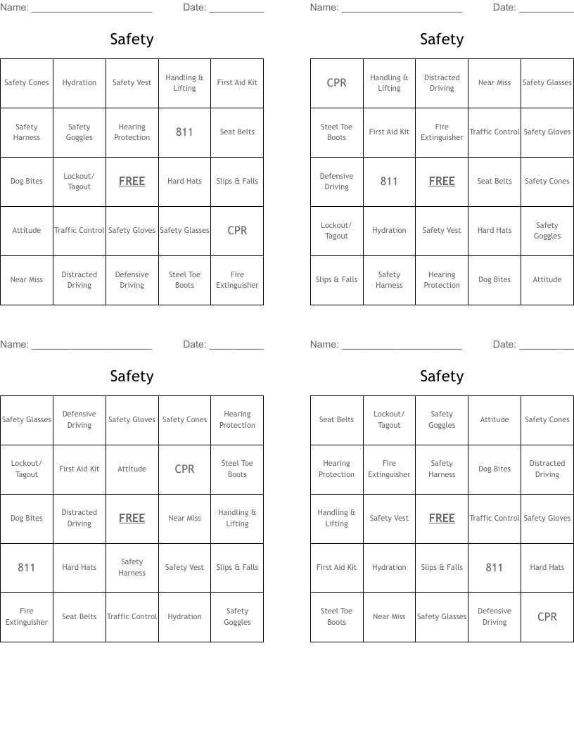 Safety Bingo Cards