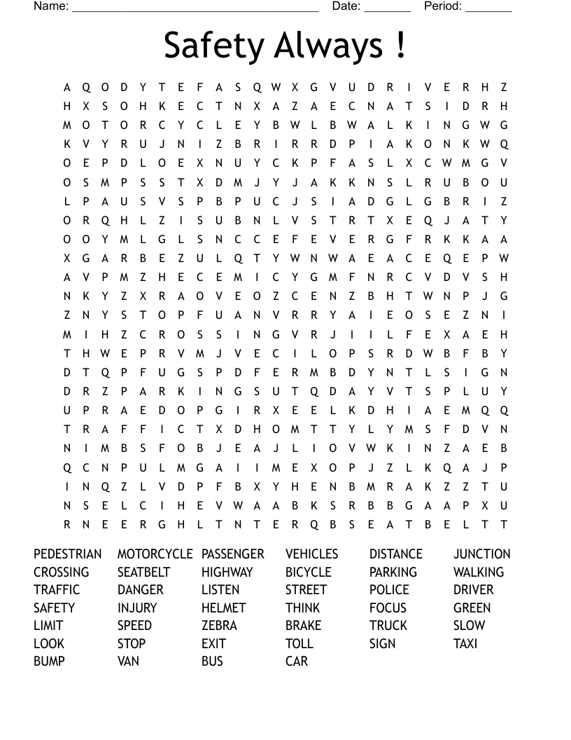 Safety Always ! Word Search