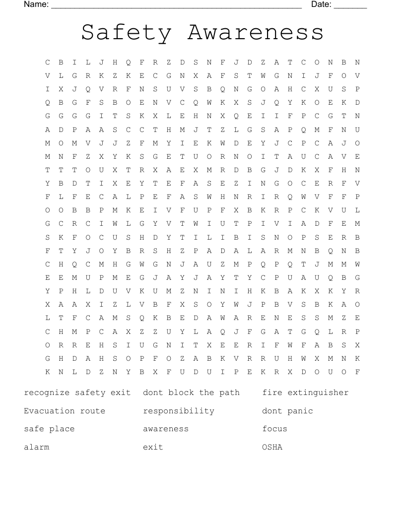 Safety Awareness Word Search