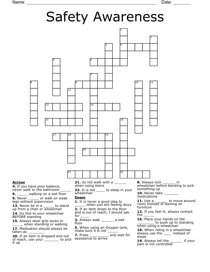 Safety Awareness Crossword