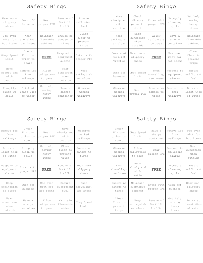 Safety Bingo