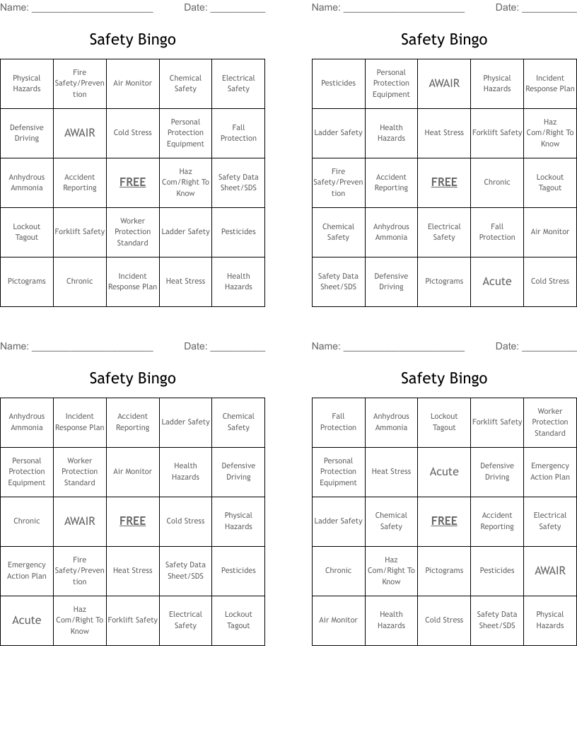 Safety Bingo