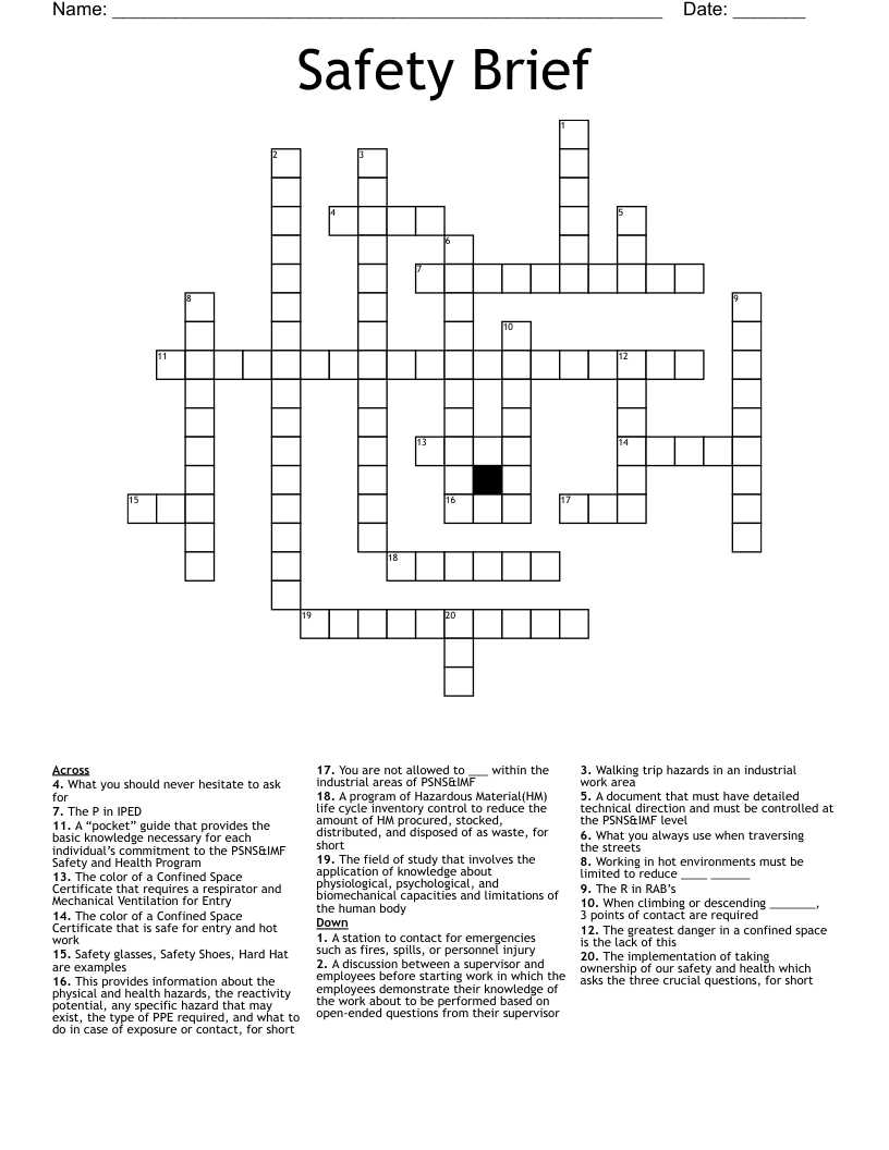 Safety Brief Crossword